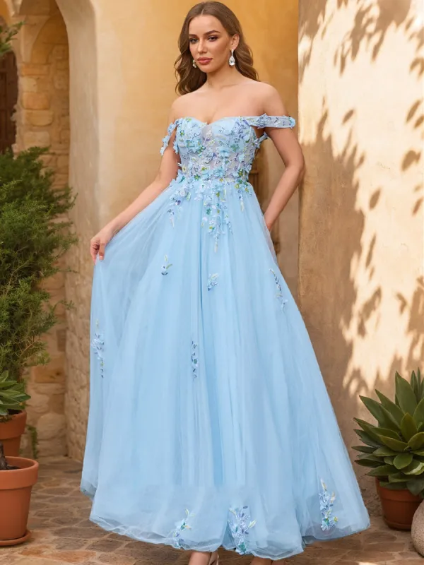 Ball Gown Off the Shoulder Short Sleeves Applique Prom Dresses sold by Lavetir