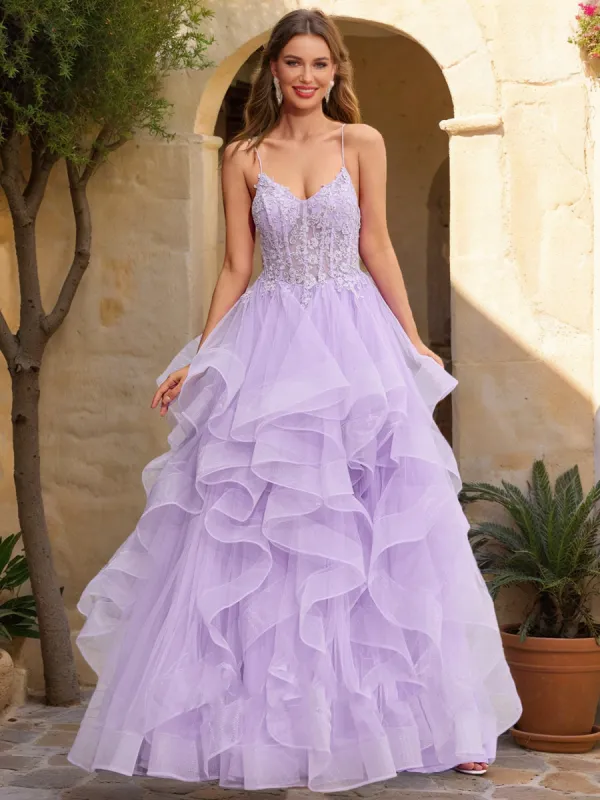 Ball Gown V-Neck Sleeveless Tiered Prom Dresses sold by Lavetir