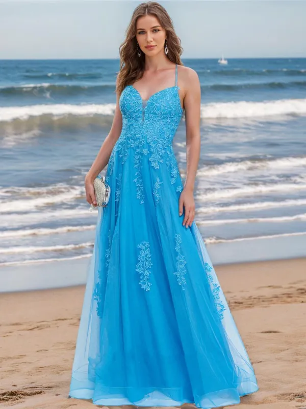 A-Line/Princess V-Neck Sleeveless Applique Prom Dresses sold by Lavetir