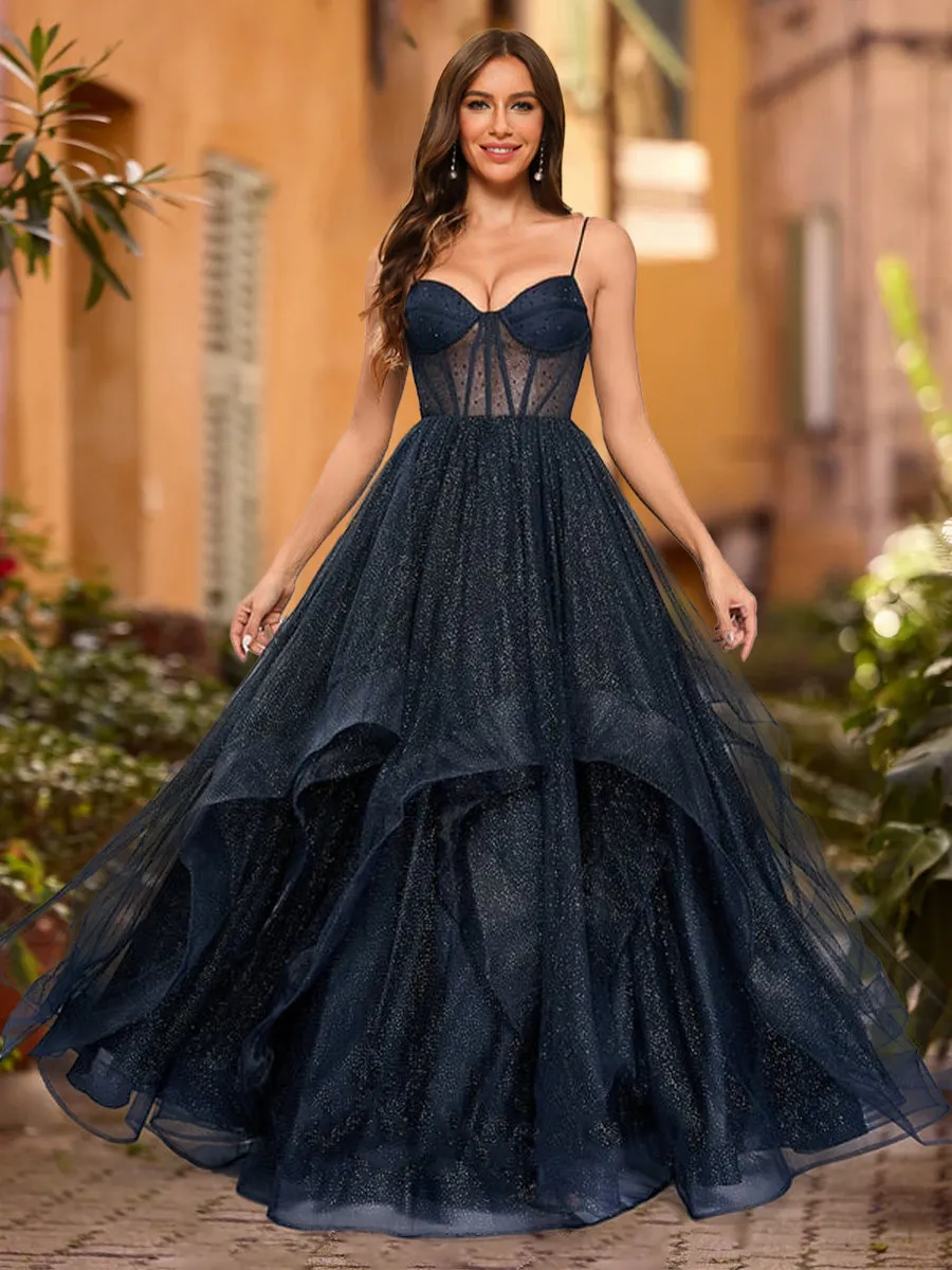 Ball Gown V-Neck Sleeveless Tiered Prom Dresses sold by Lavetir