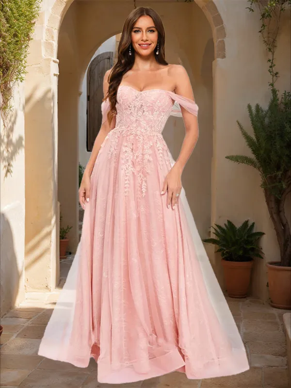 Ball Gown Off-the-Shoulder Short Sleeves Applique Prom Dresses sold by Lavetir