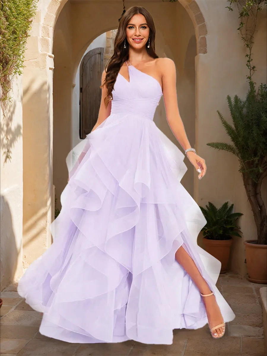 Ball Gown One-Shoulder Sleeveless Tiered Prom Dresses sold by Lavetir