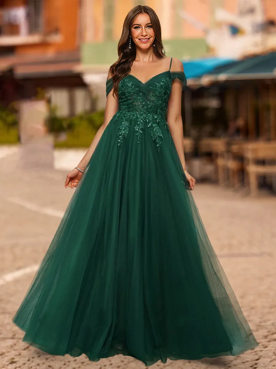 A-Line/Princess Cold Shoulder Short Sleeves Sequins Prom Dresses sold by Lavetir