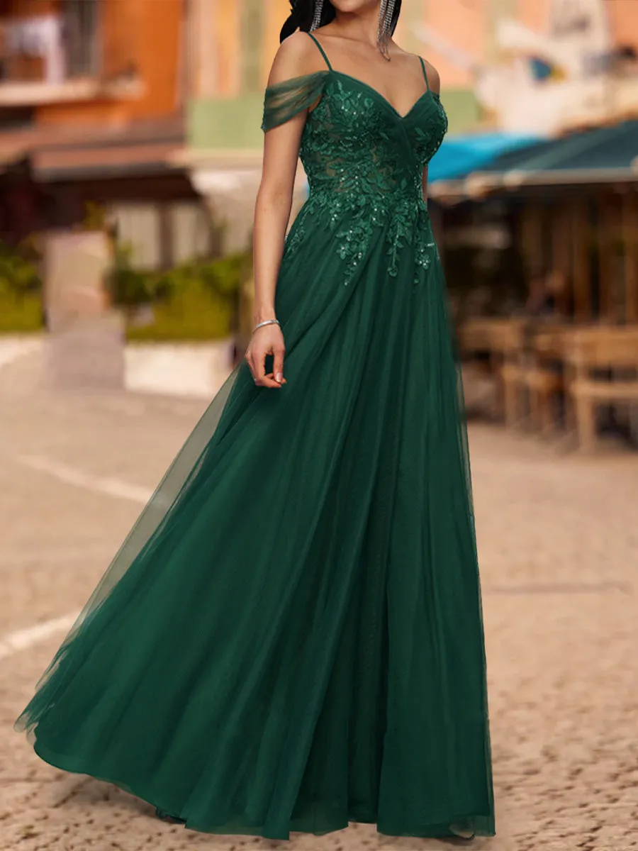 A-Line/Princess Cold Shoulder Short Sleeves Sequins Prom Dresses sold by Lavetir product image thumbnail 3
