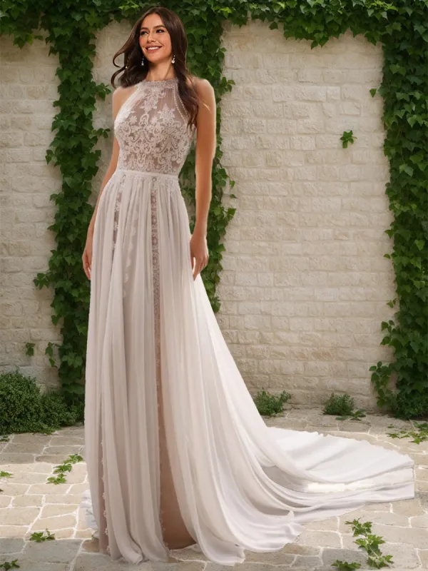 A-Line/Princess Halter Sleeveless Ruched Wedding Dresses sold by Lavetir