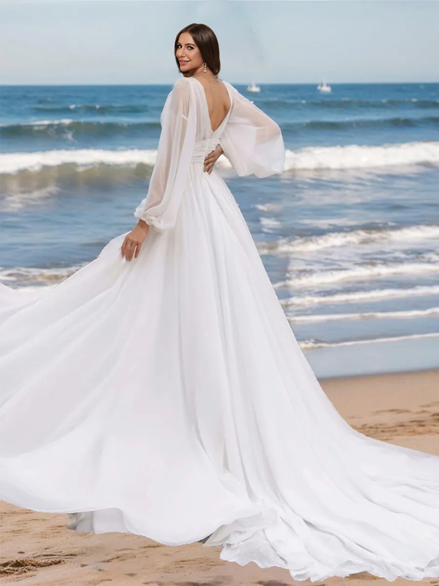 A-Line/Princess V-Neck Long Sleeves Split Side Wedding Dresses sold by Lavetir product image thumbnail 2