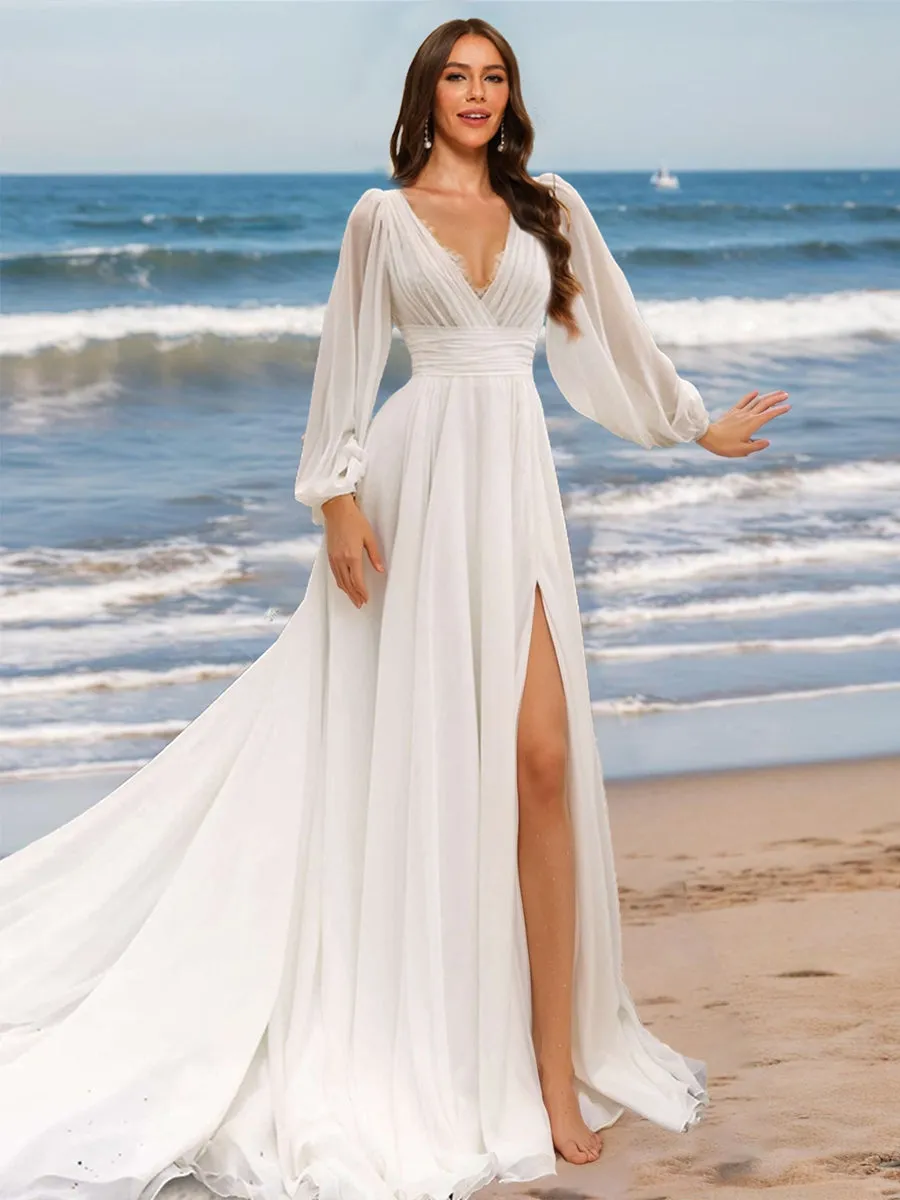 A-Line/Princess V-Neck Long Sleeves Split Side Wedding Dresses sold by Lavetir