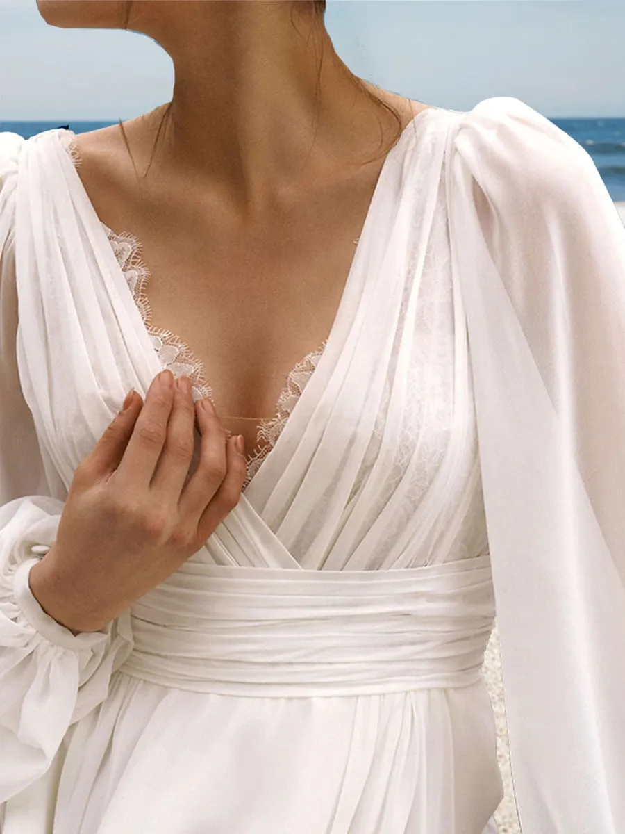 A-Line/Princess V-Neck Long Sleeves Split Side Wedding Dresses sold by Lavetir product image thumbnail 3