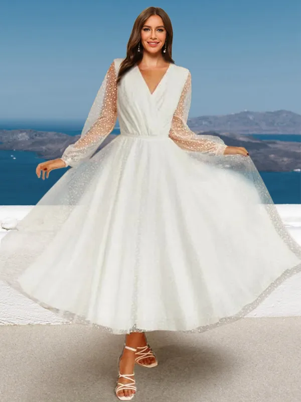 A-Line/Princess V-Neck Long Sleeves Ruched Wedding Dresses sold by Lavetir