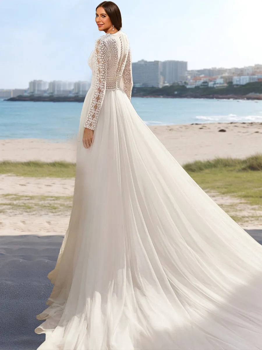 A-Line/Princess V-Neck Long Sleeves Lace Wedding Dresses sold by Lavetir product image thumbnail 2