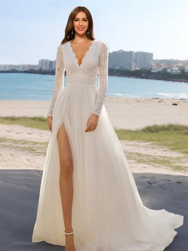 A-Line/Princess V-Neck Long Sleeves Lace Wedding Dresses sold by Lavetir