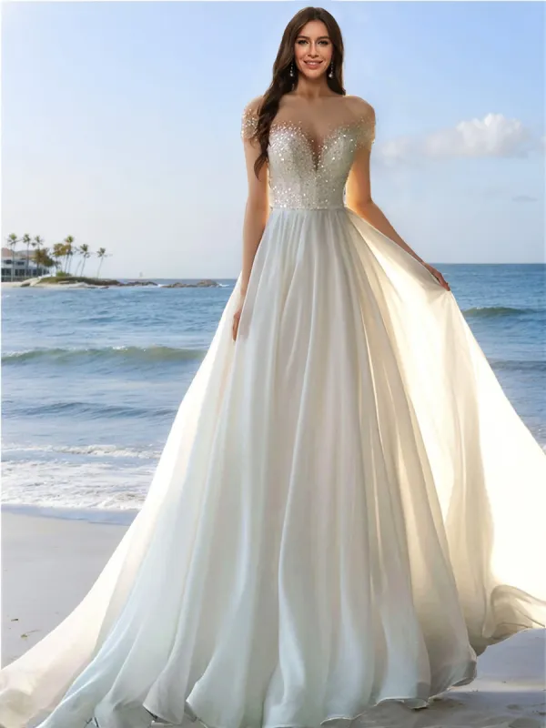 A-Line/Princess Off-the-Shoulder Short Sleeves Beading Wedding Dresses sold by Lavetir