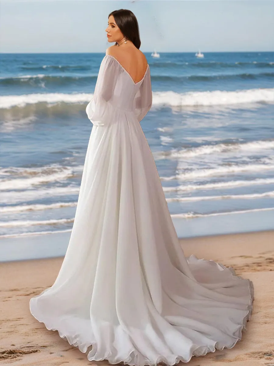 A-Line/Princess Off-the-Shoulder Long Sleeves Ruched Wedding Dresses sold by Lavetir product image thumbnail 2