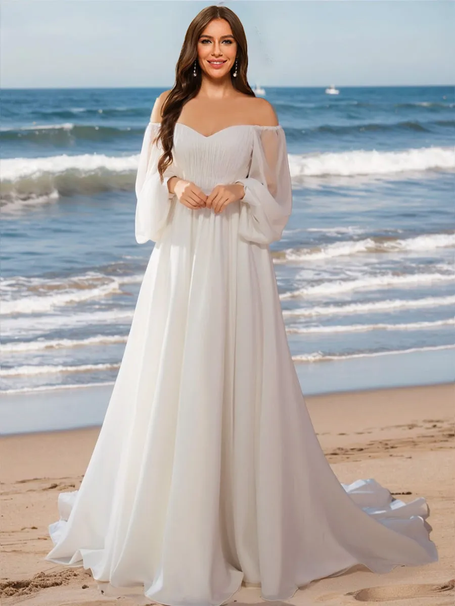 A-Line/Princess Off-the-Shoulder Long Sleeves Ruched Wedding Dresses sold by Lavetir