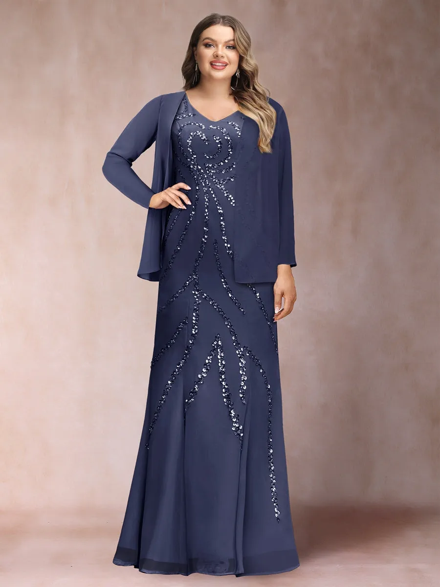 Sheath/Column V-Neck Floor-Length Plus Size Mother of the Bride Dresses With Jacket & Sequins sold by Lavetir