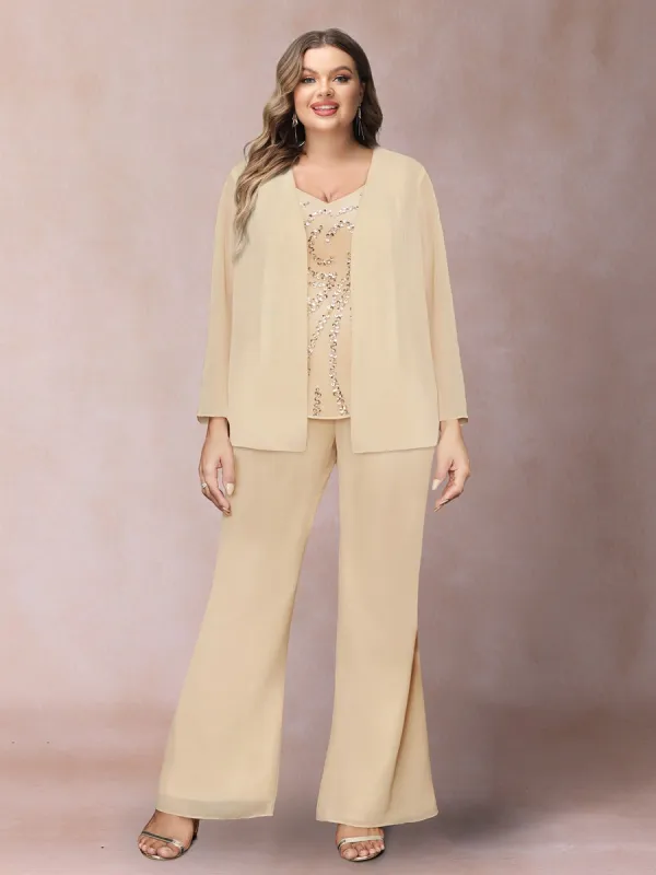 Chiffon Sequins V-Neck Long Sleeves 3 Pieces Plus Size Pantsuits with Jacket sold by Lavetir