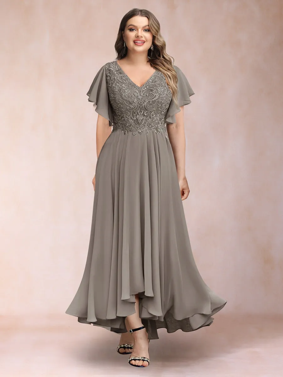 A-Line/Princess V-Neck Short Sleeves Long Plus Size Evening Dresses with Appliques sold by Lavetir