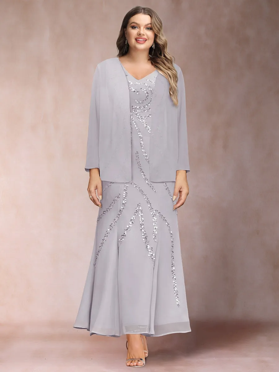 Sheath/Column V-Neck Ankle-Length Plus Size Evening Dresses With Jacket & Sequins sold by Lavetir