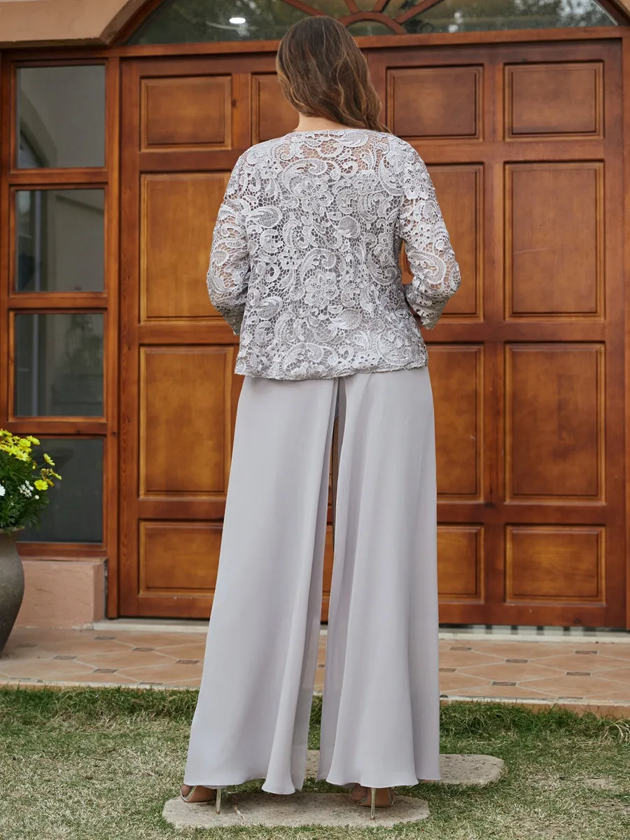 Lace Chiffon Square Neck 3/4 Sleeves 3 Pieces Plus Size Pantsuits with Appliques & Jacket sold by Lavetir product image thumbnail 2