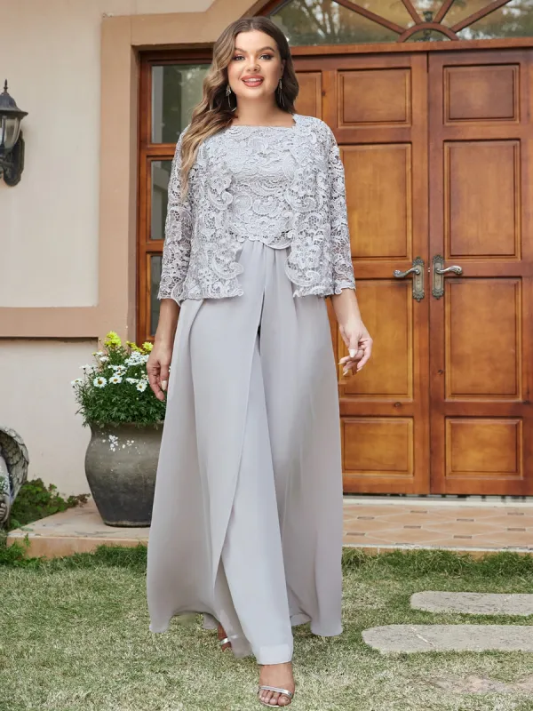 Lace Chiffon Square Neck 3/4 Sleeves 3 Pieces Plus Size Pantsuits with Appliques & Jacket sold by Lavetir