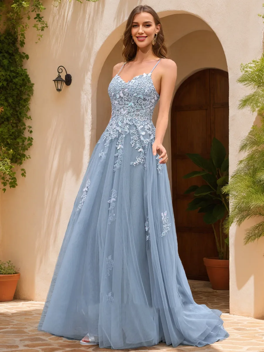 A-Line/Princess V-Neck Sleeveless Appliques Prom Dresses sold by Lavetir product image thumbnail 3