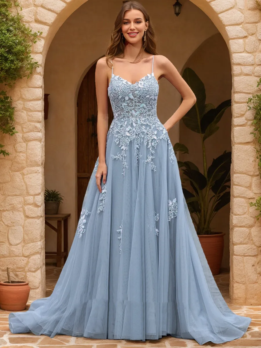 A-Line/Princess V-Neck Sleeveless Appliques Prom Dresses sold by Lavetir