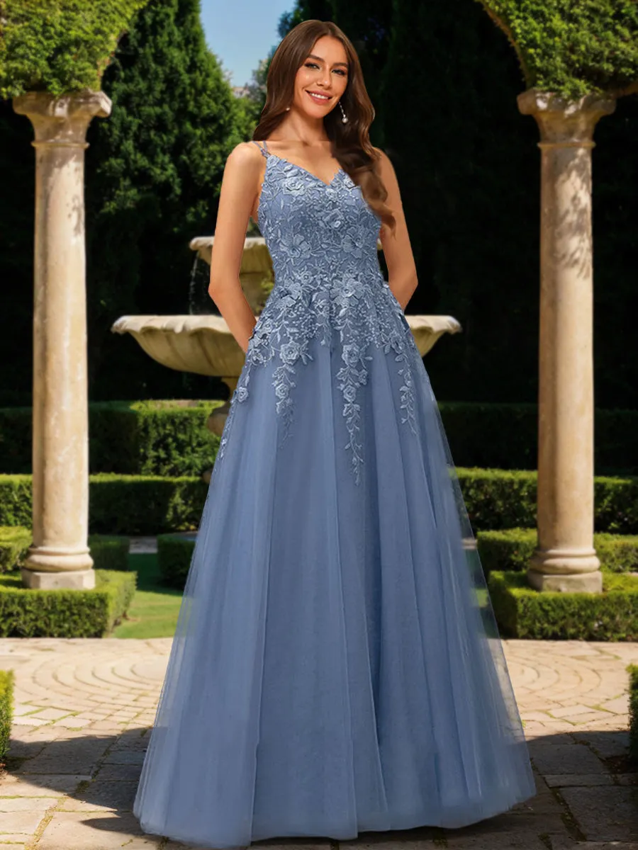A-Line/Princess V-Neck Sleeveless Prom Dresses with Applique sold by Lavetir