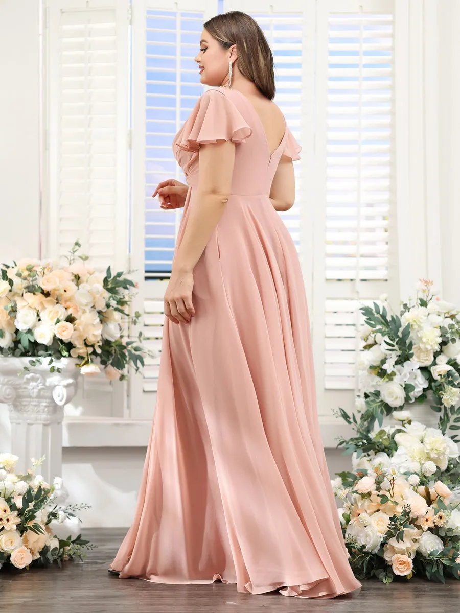 A-Line V-Neck Short Sleeves Split Side Chiffon Plus Size Bridesmaid Dresses sold by Lavetir product image thumbnail 2