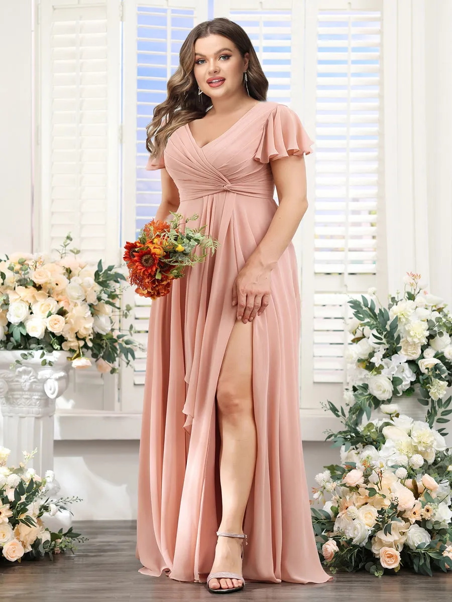 A-Line V-Neck Short Sleeves Split Side Chiffon Plus Size Bridesmaid Dresses sold by Lavetir