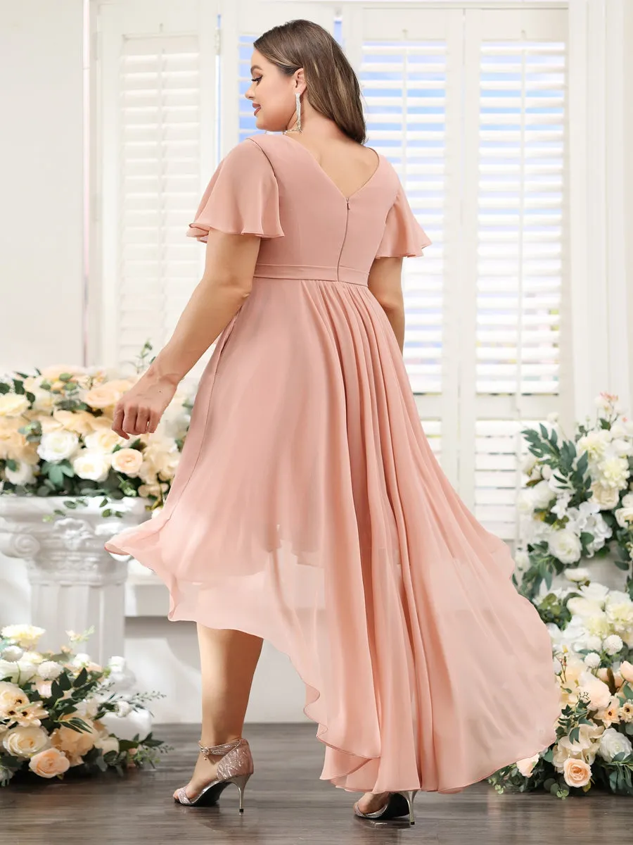 A-Line V-Neck Short Sleeves Ruched Asymmetrical Chiffon Plus Size Bridesmaid Dresses sold by Lavetir product image thumbnail 2