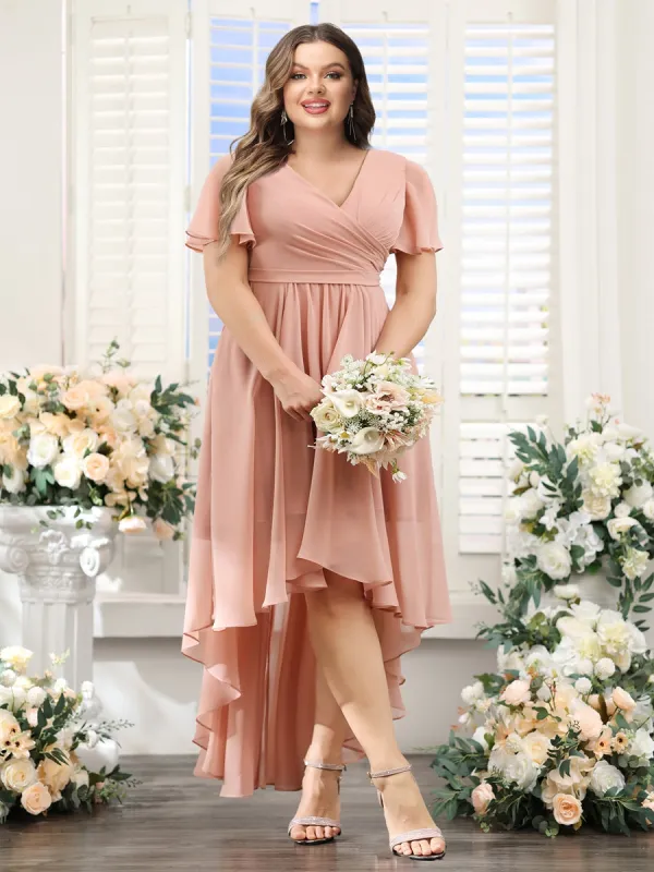 A-Line V-Neck Short Sleeves Ruched Asymmetrical Chiffon Plus Size Bridesmaid Dresses sold by Lavetir