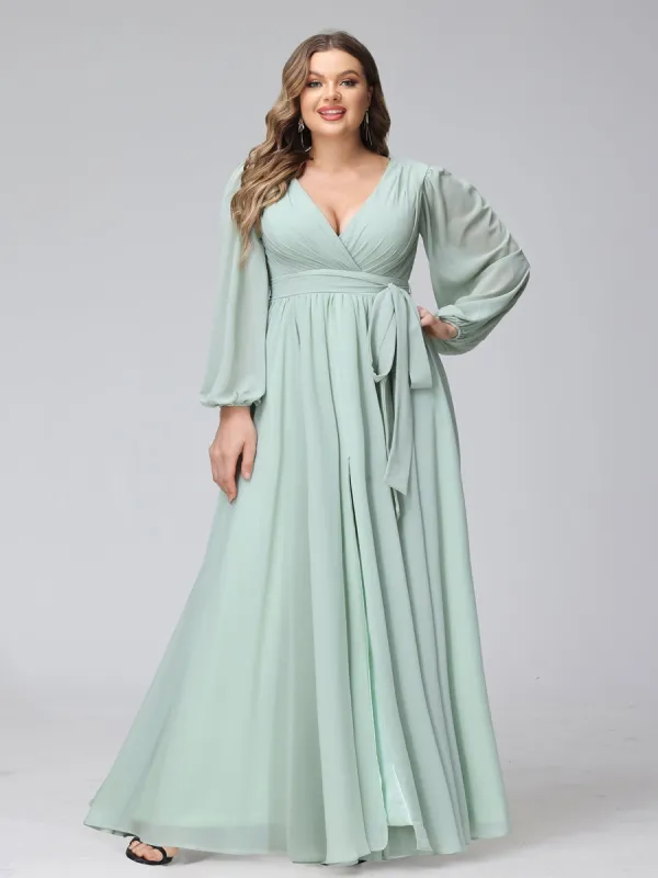 A-Line V-Neck Long Sleeves Chiffon Long Plus Size Bridesmaid Dresses With Ruffles Split Side sold by Lavetir