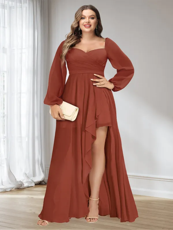 A-Line/Princess Sweetheart Long Sleeves Asymmetrical Ruched Plus Size Bridesmaid Dresses sold by Lavetir