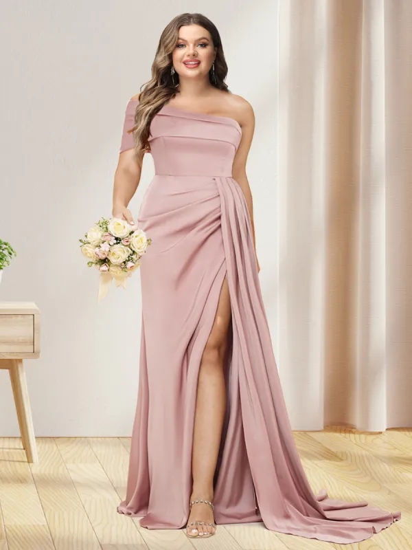 Sheath/Column One-Shoulder Long Formal Plus Size Dresses with Split Side sold by Lavetir