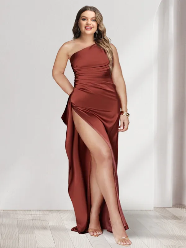 Sheath/Column One-Shoulder Sleeveless Floor-Length Plus Size Bridesmaid Dresses with Split Side sold by Lavetir