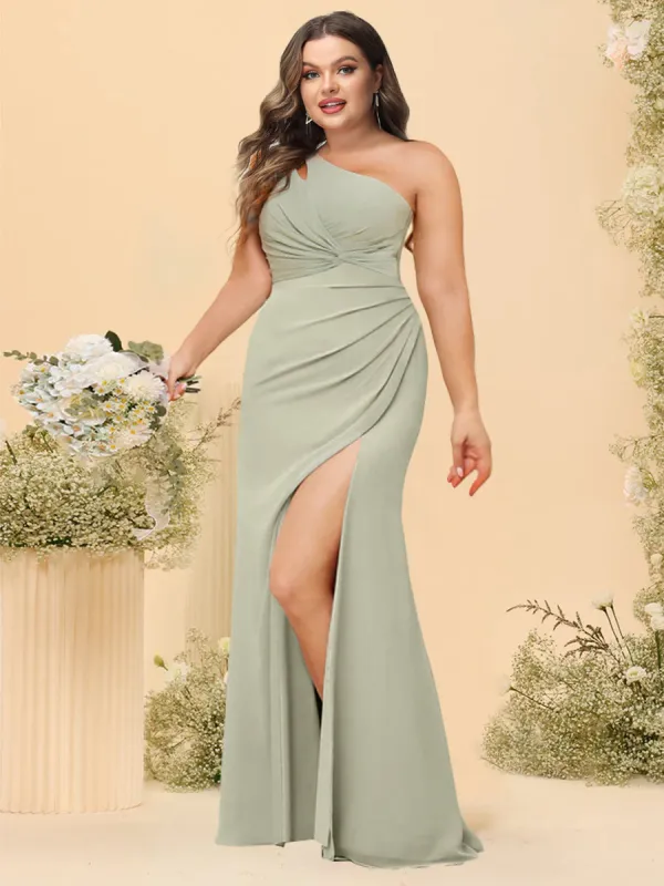 Sheath/Column One-Shoulder Long Plus Size Bridesmaid Dresses with Split Side sold by Lavetir