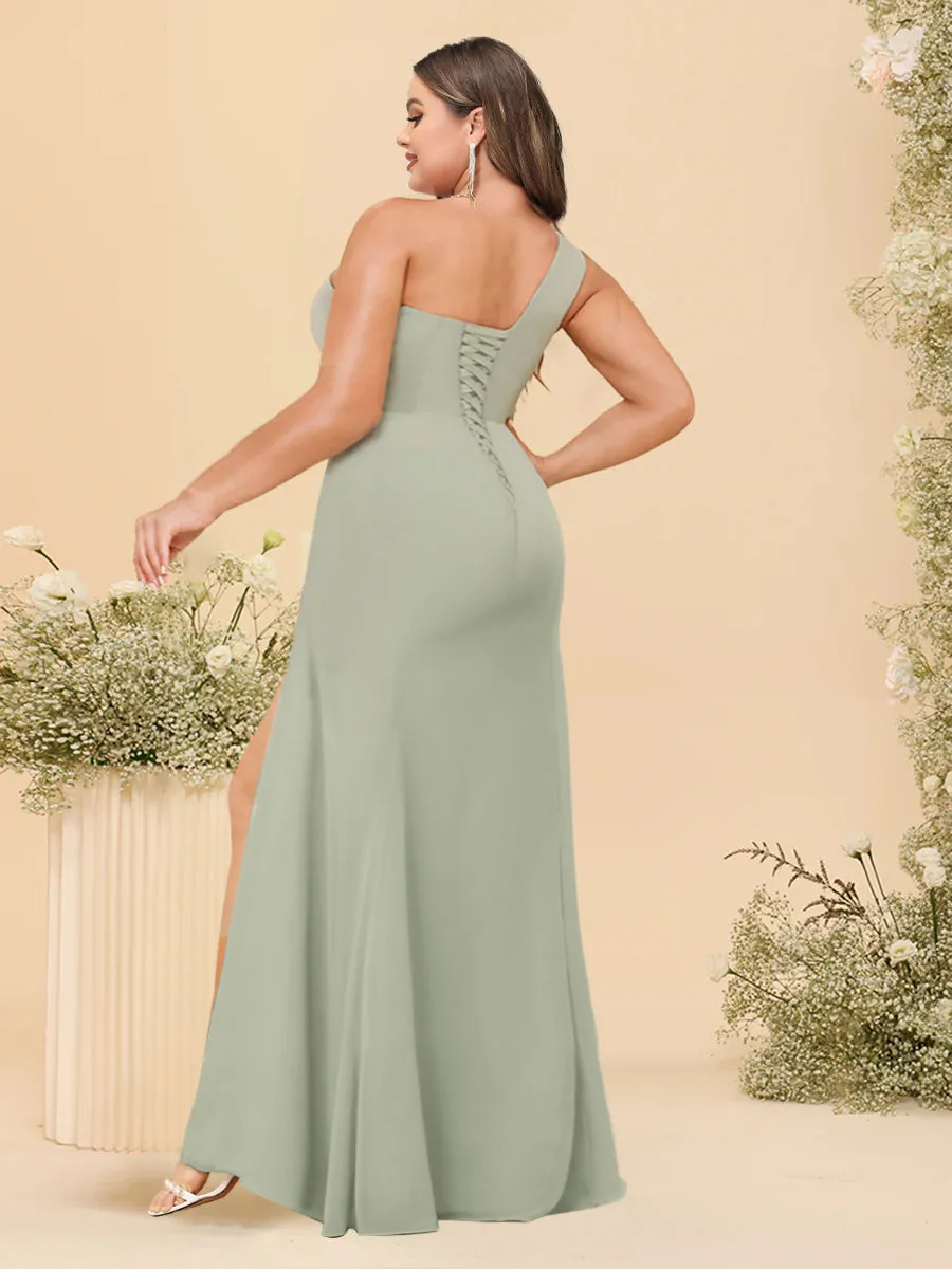 Sheath/Column One-Shoulder Long Plus Size Bridesmaid Dresses with Split Side sold by Lavetir product image thumbnail 2