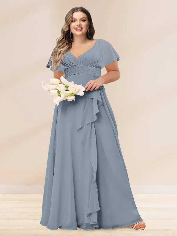 A-Line/Princess V-Neck Long Plus size Bridesmaid Dresses with Ruffles sold by Lavetir