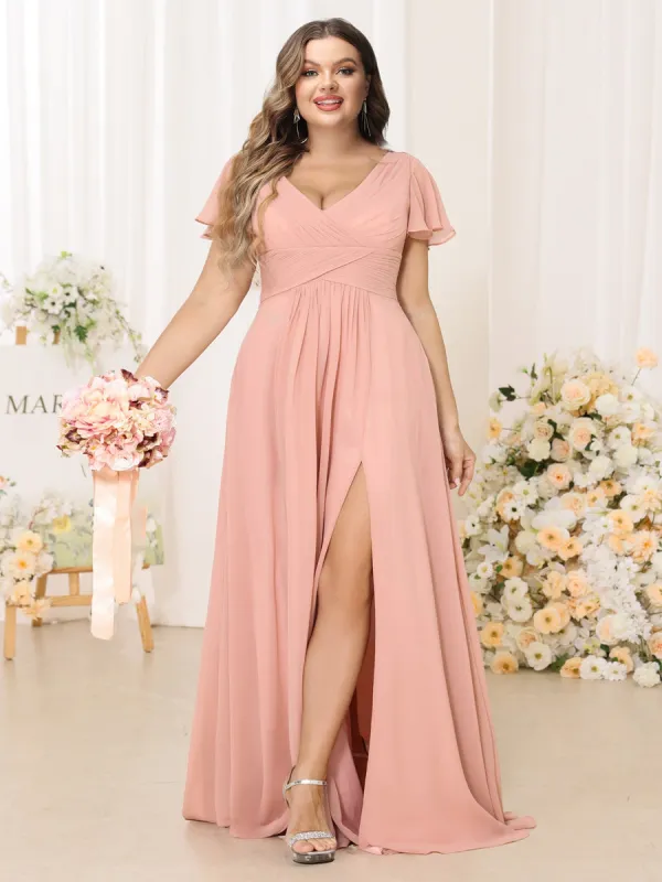 A-Line/Princess V-Neck Short Sleeves Long Plus Size Bridesmaid Dresses with Split Side sold by Lavetir