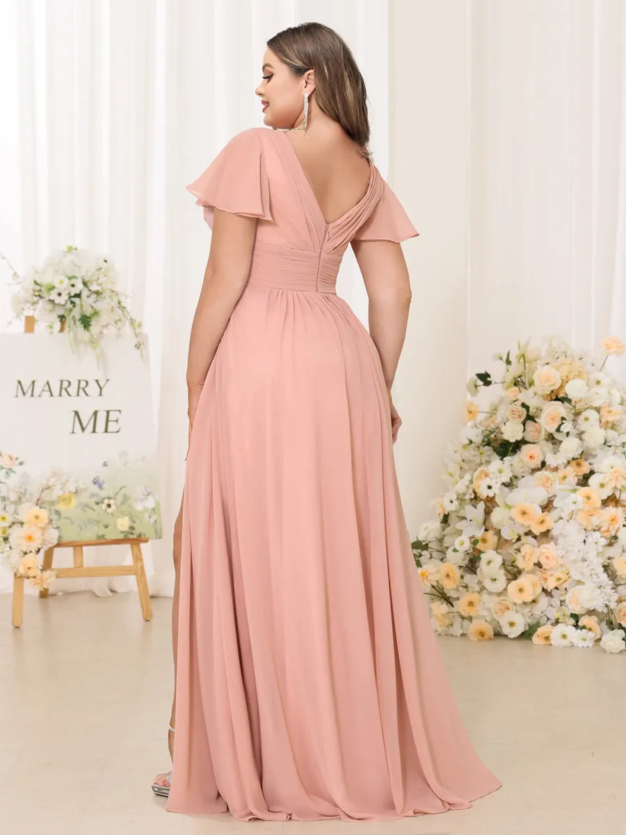 A-Line/Princess V-Neck Short Sleeves Long Plus Size Bridesmaid Dresses with Split Side sold by Lavetir product image thumbnail 2