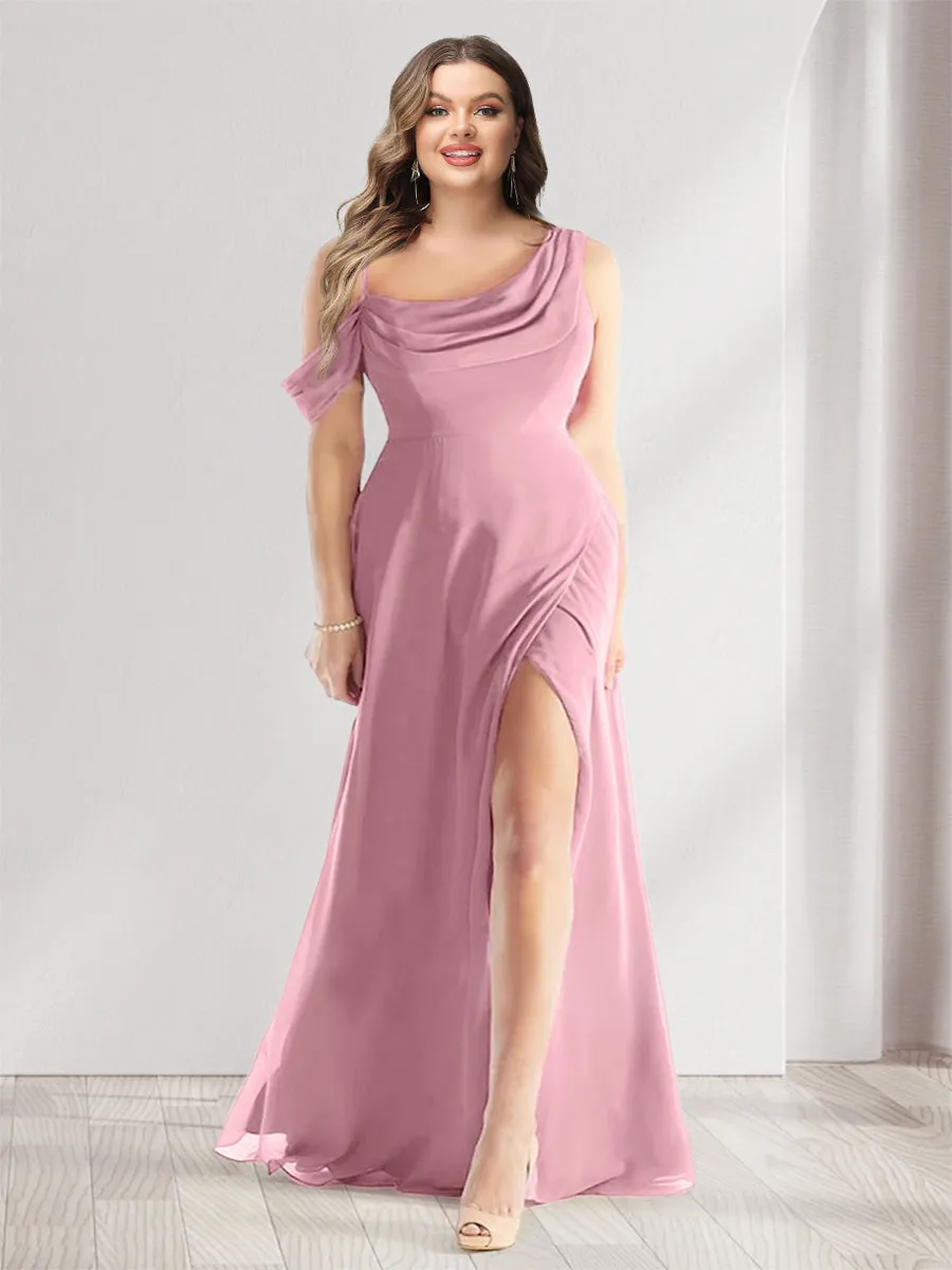 Sheath/Column Cowl Neck Sleeveless Floor-Length Chiffon Plus Size Bridesmaid Dresses with Split Side sold by Lavetir