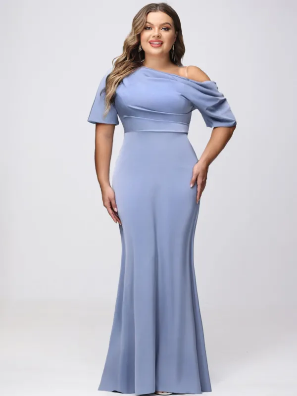 Sheath/Column One-Shoulder Short Sleeves Satin Ruched Long Plus Size Bridesmaid Dresses sold by Lavetir