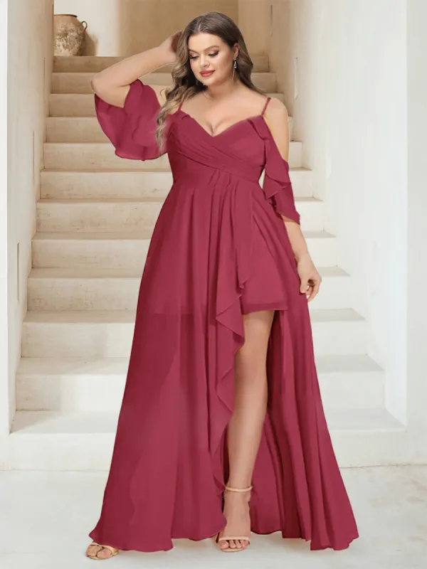 A-Line/Princess V-Neck Short Sleeves Floor-Length Chiffon Plus Size Bridesmaid Dresses with Ruffles sold by Lavetir