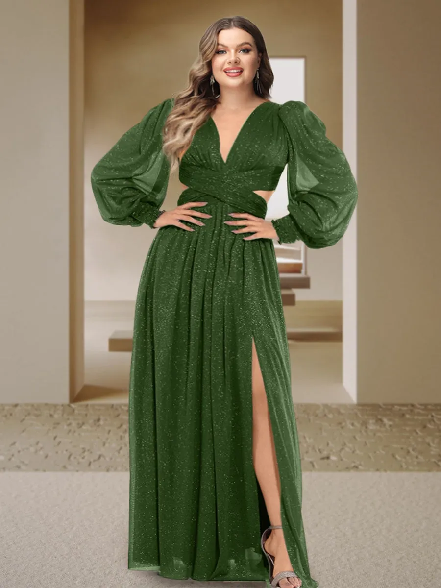 Sexy A-Line/Princess V-Neck Long Sleeves Floor-Length Plus Size Bridesmaid Dresses with Side Slit sold by Lavetir