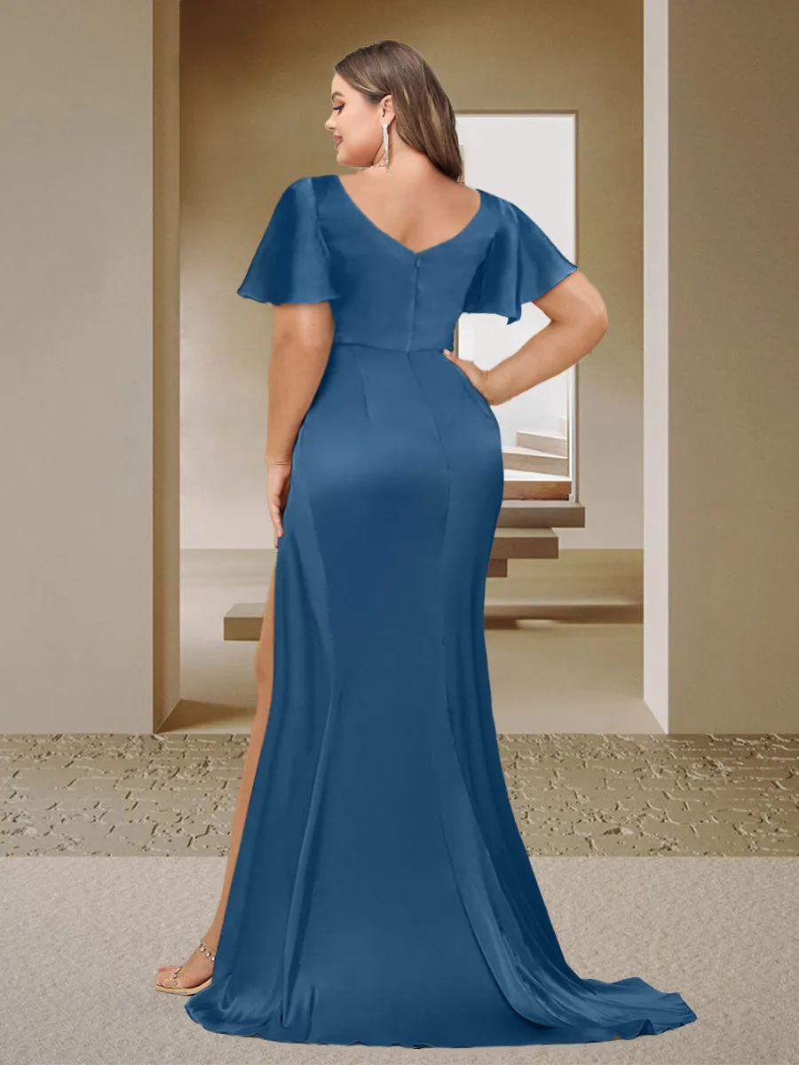 Trumpet/Mermaid V-Neck Short Sleeves Ruched Plus Size Bridesmaid Dresses with Split Side & Ruffles sold by Lavetir product image thumbnail 2