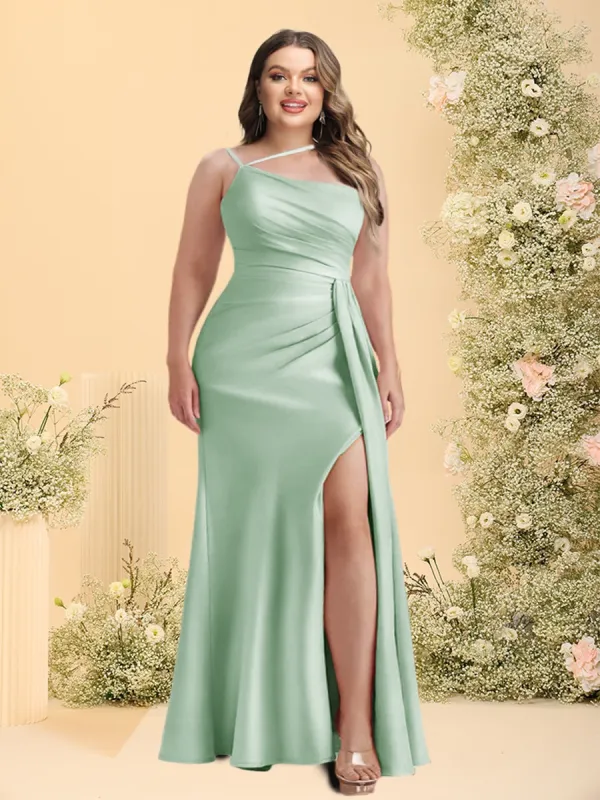 Sheath/Column One-Shoulder Long Plus Size Bridesmaid Dresses with Split Side sold by Lavetir