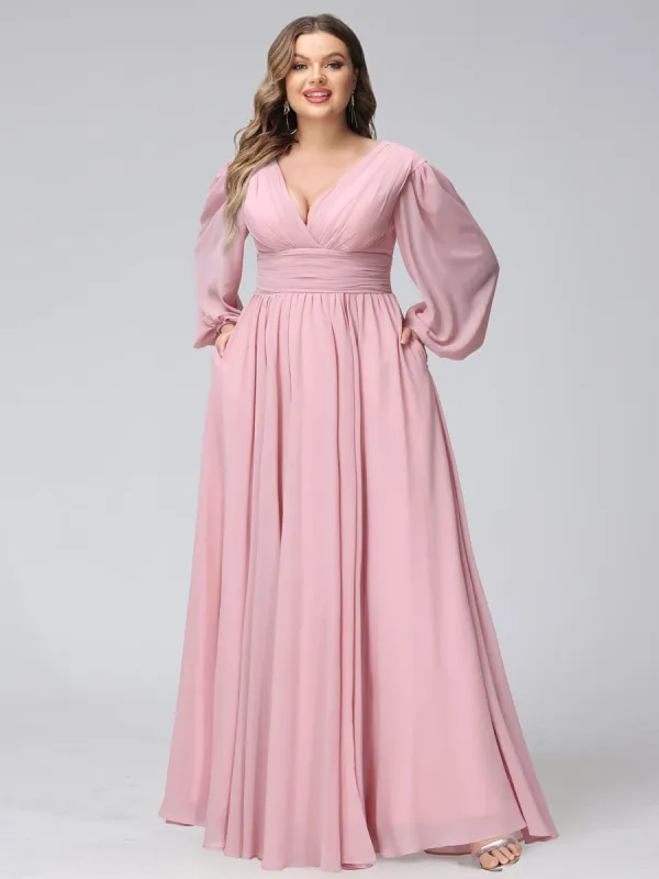 A-Line V-Neck Long Sleeves Long Chiffon Plus Size Bridesmaid Dresses With Split Side Pockets sold by Lavetir