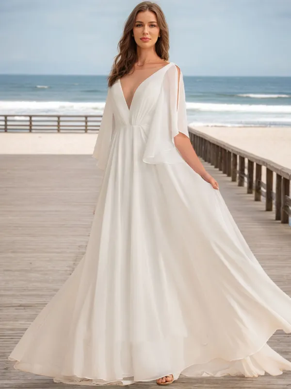A-Line/Princess V-Neck Half Sleeves Ruched Wedding Dresses sold by Lavetir