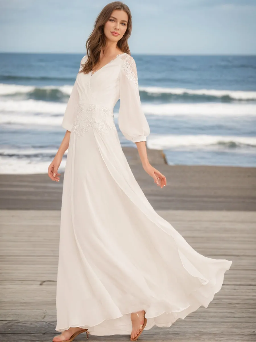 A-Line/Princess V-Neck 3/4 Sleeves Lace Wedding Dresses sold by Lavetir