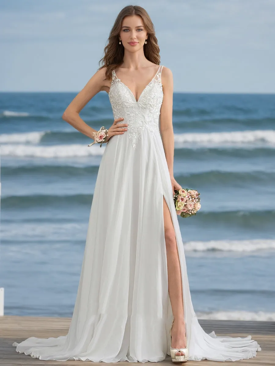 A-Line/Princess V-Neck Sleeveless Beading Wedding Dresses sold by Lavetir